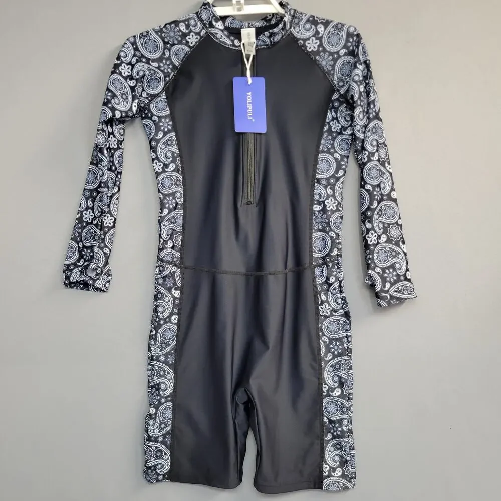 YOLIPULI Swimsuit Girls XXXL Rash Guard One Piece Long Sleeve Paisley UPF50+‎